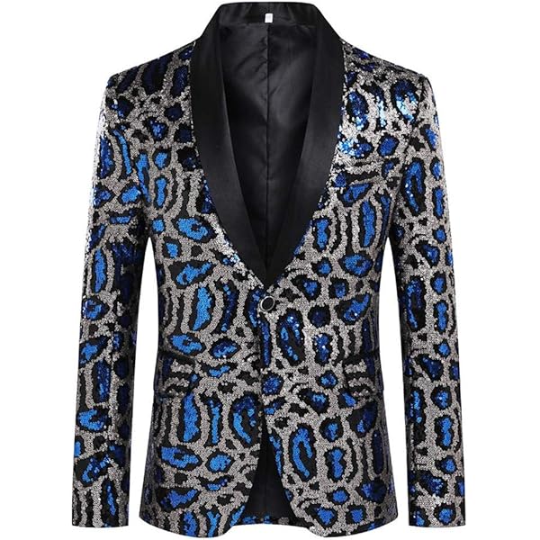 Blue Leopard Sequin Pathwork Suit Jacket Men Slim Fit One